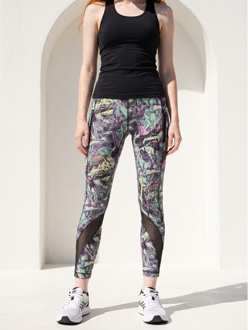 Lululemon Leggings Green Purple Abstract Print Zip Pockets Mesh Panel Crop